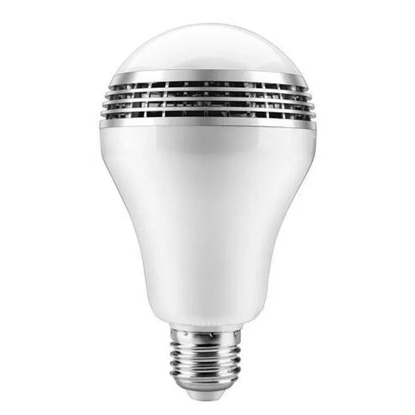 White LED smart bulb with E27 base and integrated Bluetooth speaker for lighting and audio.