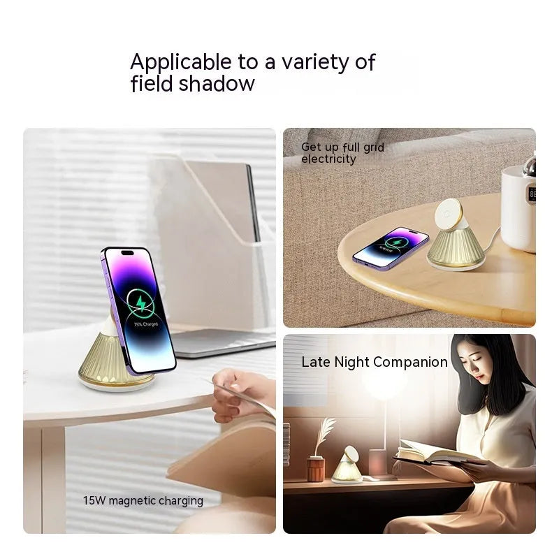 Champagne gold night table lamp with integrated magnetic wireless charging seat on its base.