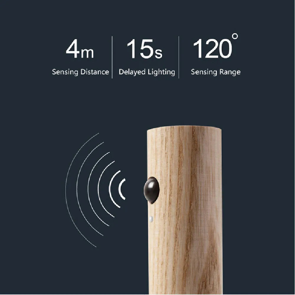 Magnetic USB LED night light with PIR motion sensor, warm white light, acrylic shade, Ash or Walnut finish