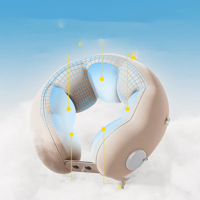 Inflatable cloud bubble coloured U-shaped travel neck pillow with cartoon design, shown deflated and portable.
