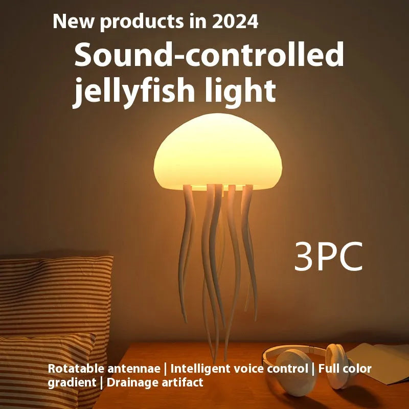 Jellyfish mood lamp with glowing adjustable tentacles on a desk next to a phone.