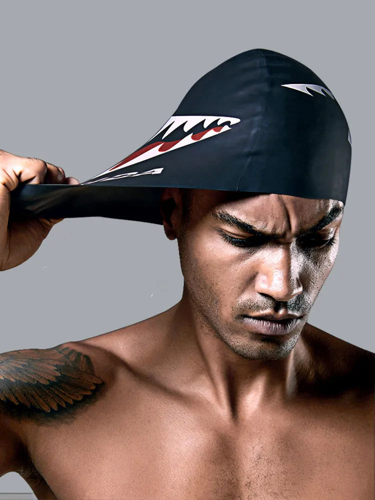 Large silicone swimming cap in shark black with printed design for unisex use
