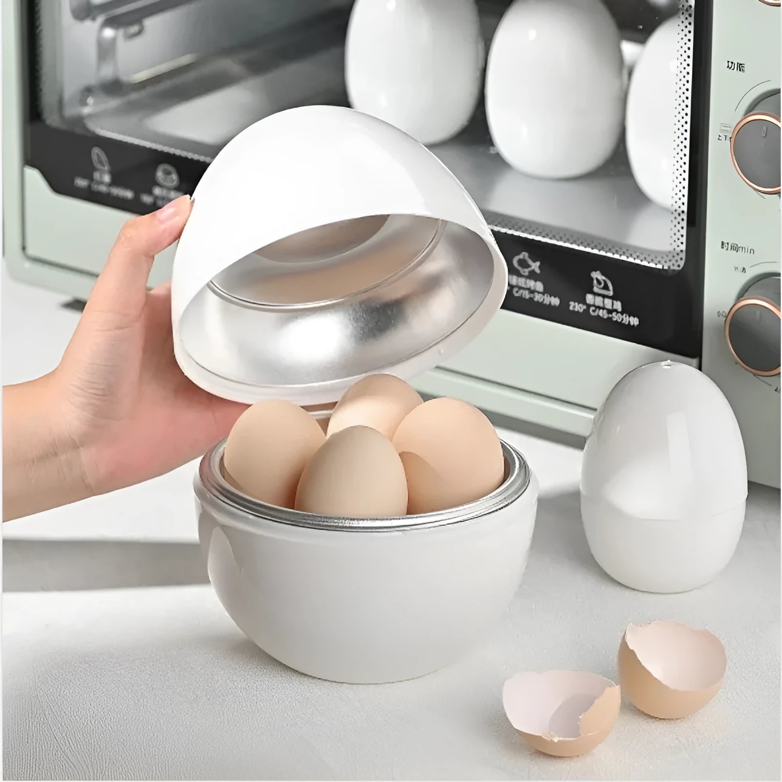White plastic microwave egg cooker with aluminium inner layer for 1-4 eggs.