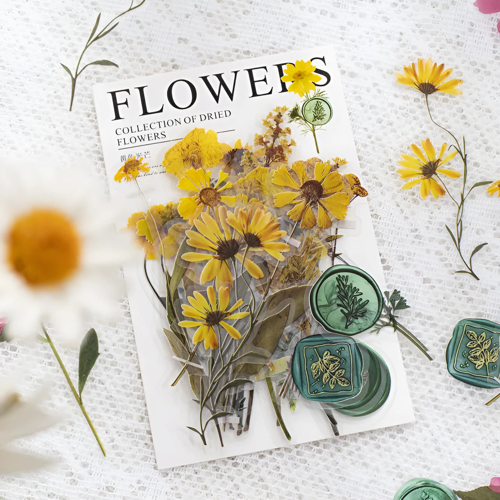 Dried flowers journal decoration sticker package with eight artistic themes on 70mm PET sheets