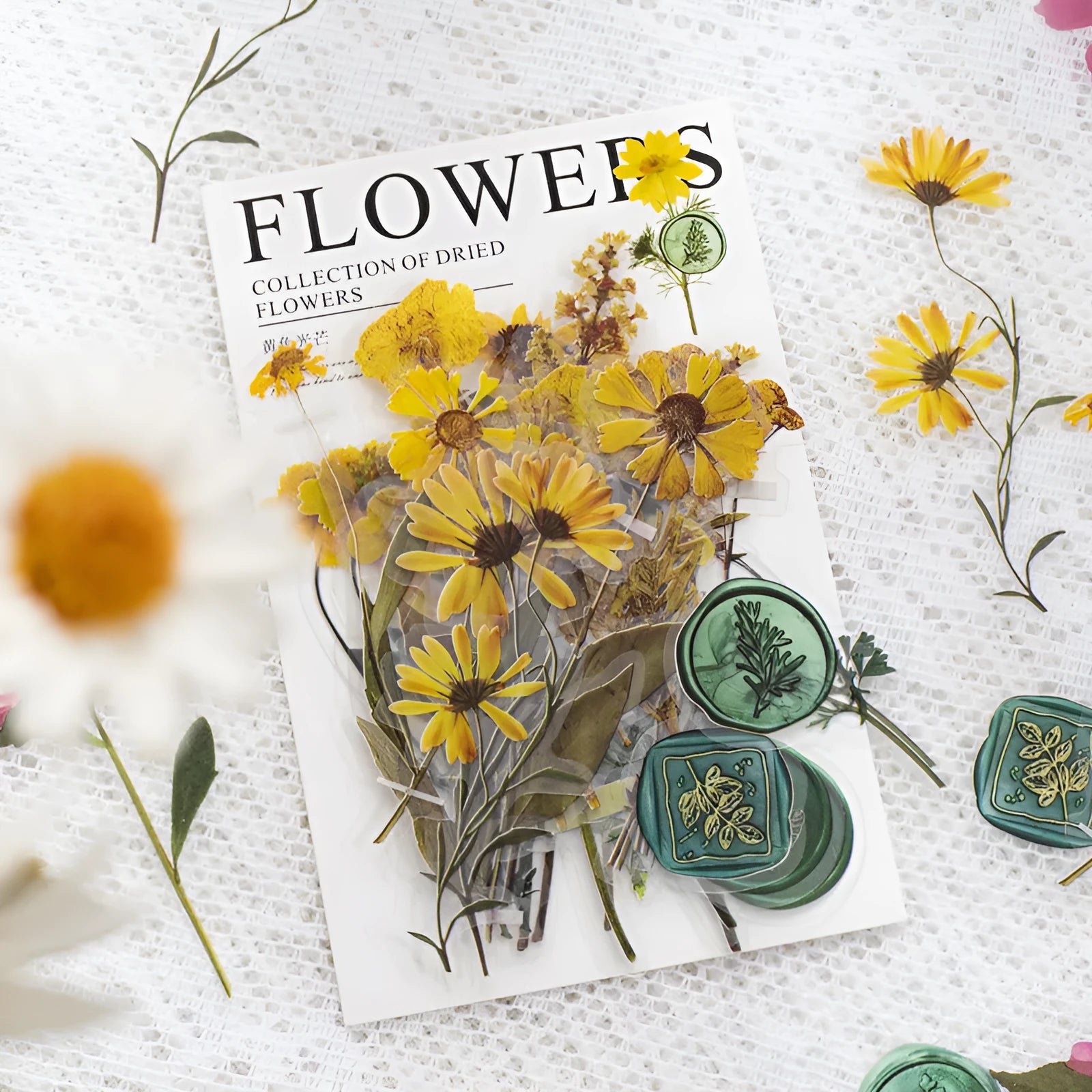 Dried flowers journal decoration sticker package with eight artistic themes on 70mm PET sheets