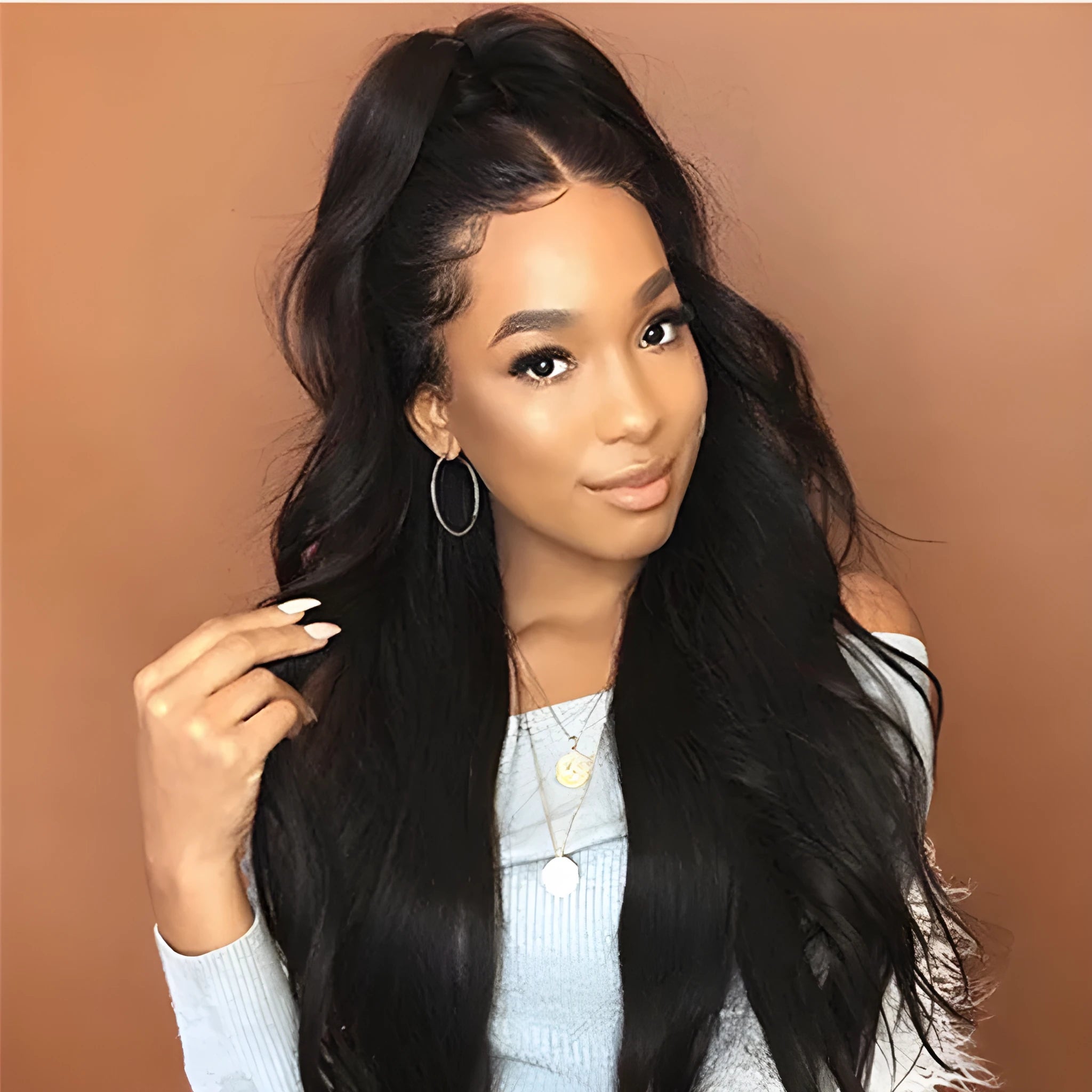 Black explosive wig with realistic long curls and oblique bangs, 65cm length, made from high temperature matt chemical fibre