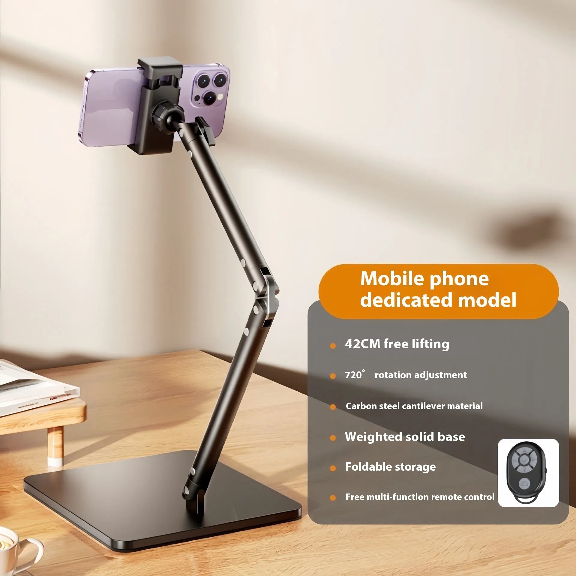 Square double arm alloy desktop bracket holding a mobile phone, with universal adjustment for devices 4-12.9 inches.