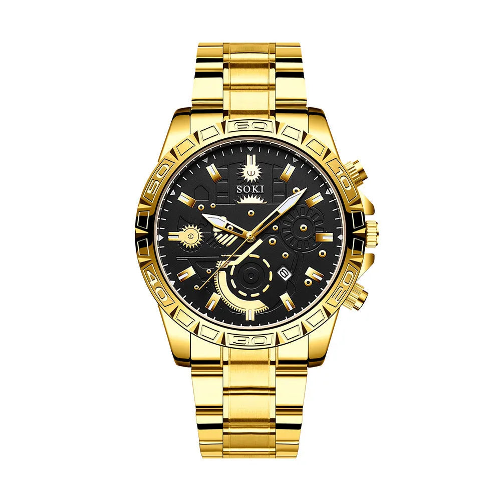 Gold men's business quartz watch with stainless steel strap and calendar on display