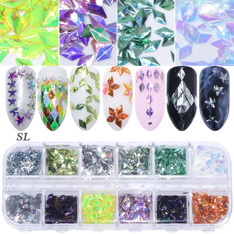 Nail polish glitter set with shell powder, laser sequins, chameleon powder, and star effect powder for nail art manicure