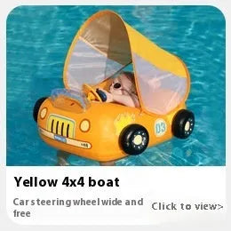 Pink inflatable car-shaped swimming ring with cartoon sports boat design for children.