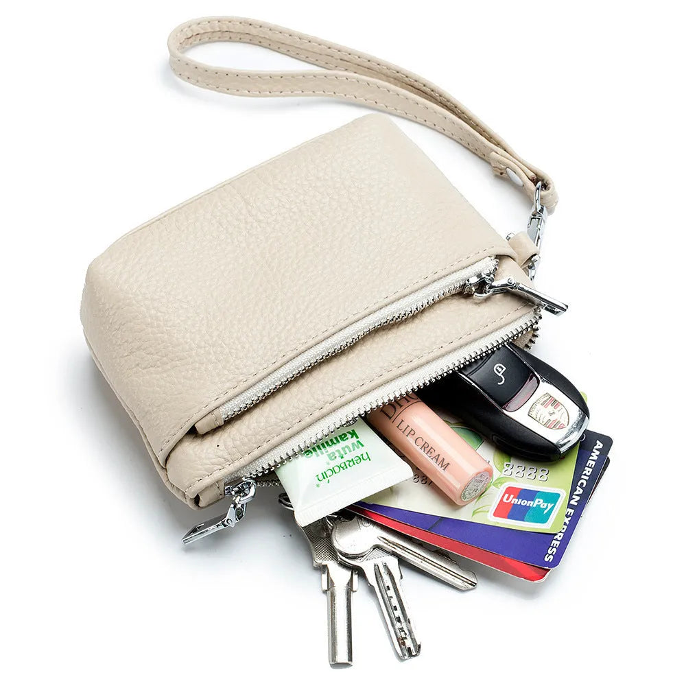 Women's small genuine leather wallet in solid colour with sewing thread detail, retro European American style