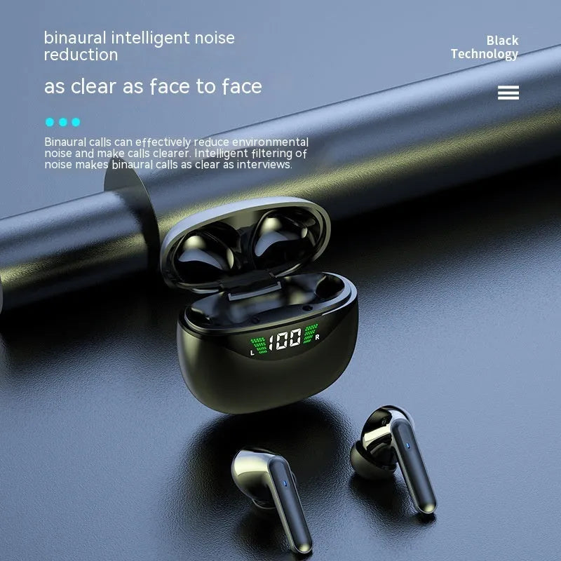 Black wireless Bluetooth headset earplug style with PC+ABS build