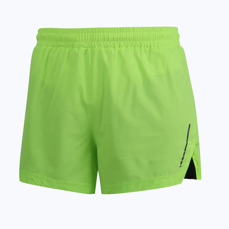 Men's gray straight-leg quick-dry running shorts laid flat, showing moisture-wicking polyester fabric.