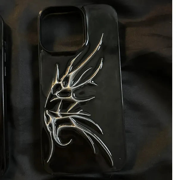 Black iPhone case with a blurred, three-dimensional wings design on the back.