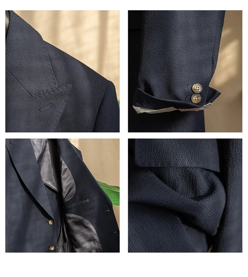Half-lined seersucker gun lapel jacket in white cyan with double-breasted front