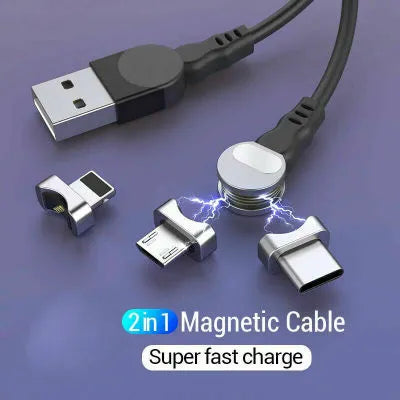 Rotating magnetic three-in-one charging cable with Android Apple Type C heads in 1m length black and red colour options