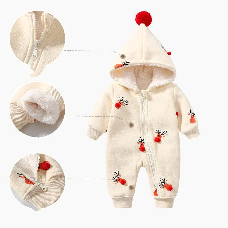 Khaki coloured padded baby one-piece suit with a Christmas moose print, shown on a hanger.