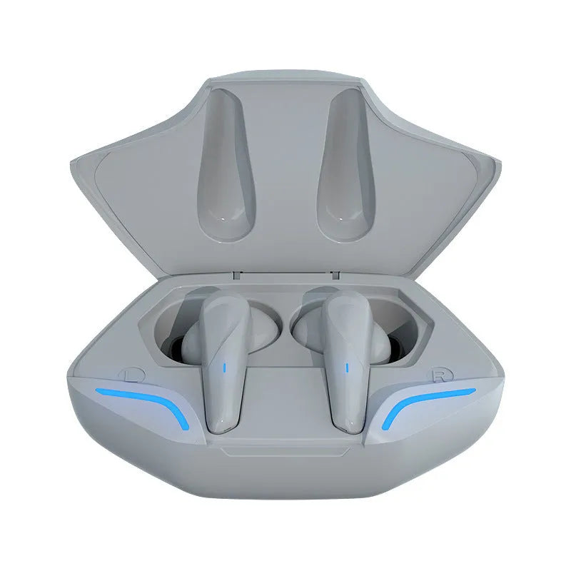 Wireless Bluetooth gaming headset with charging cabin and interchangeable caps in black.
