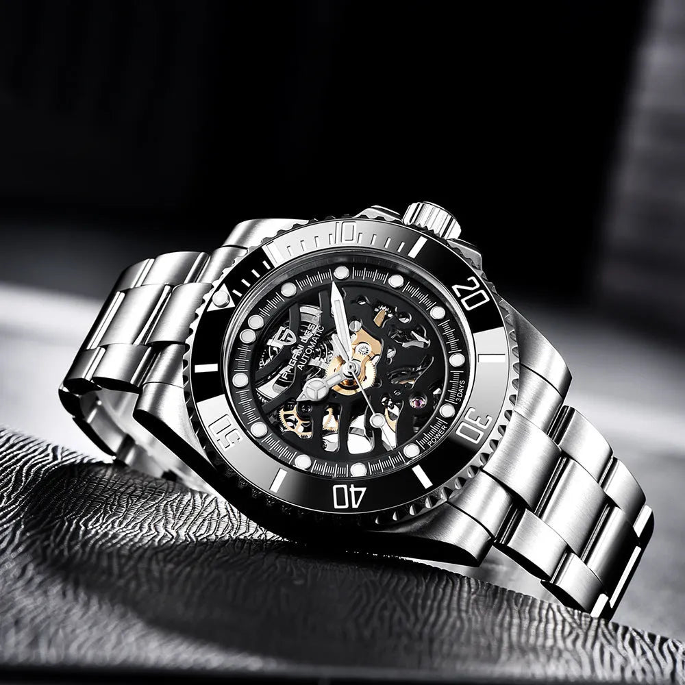 PAGANI Steel Band Mechanical Watch with black dial, luminous hands, and screw-down crown on a stainless steel band
