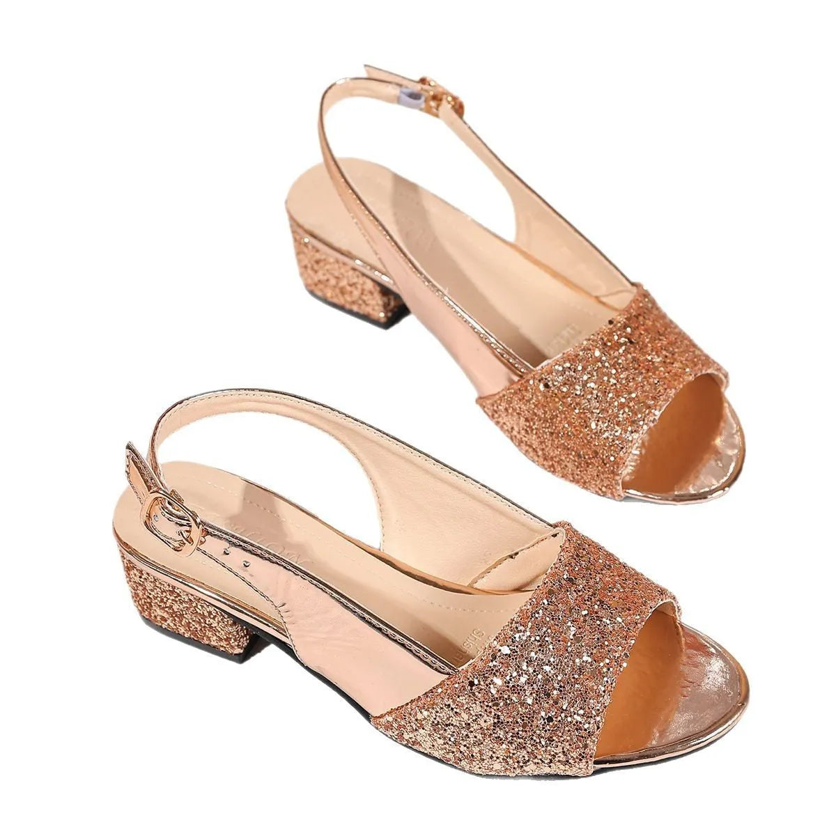 Open toe silver sandals with a buckle fastening and fish mouth toe holder design on a white background.