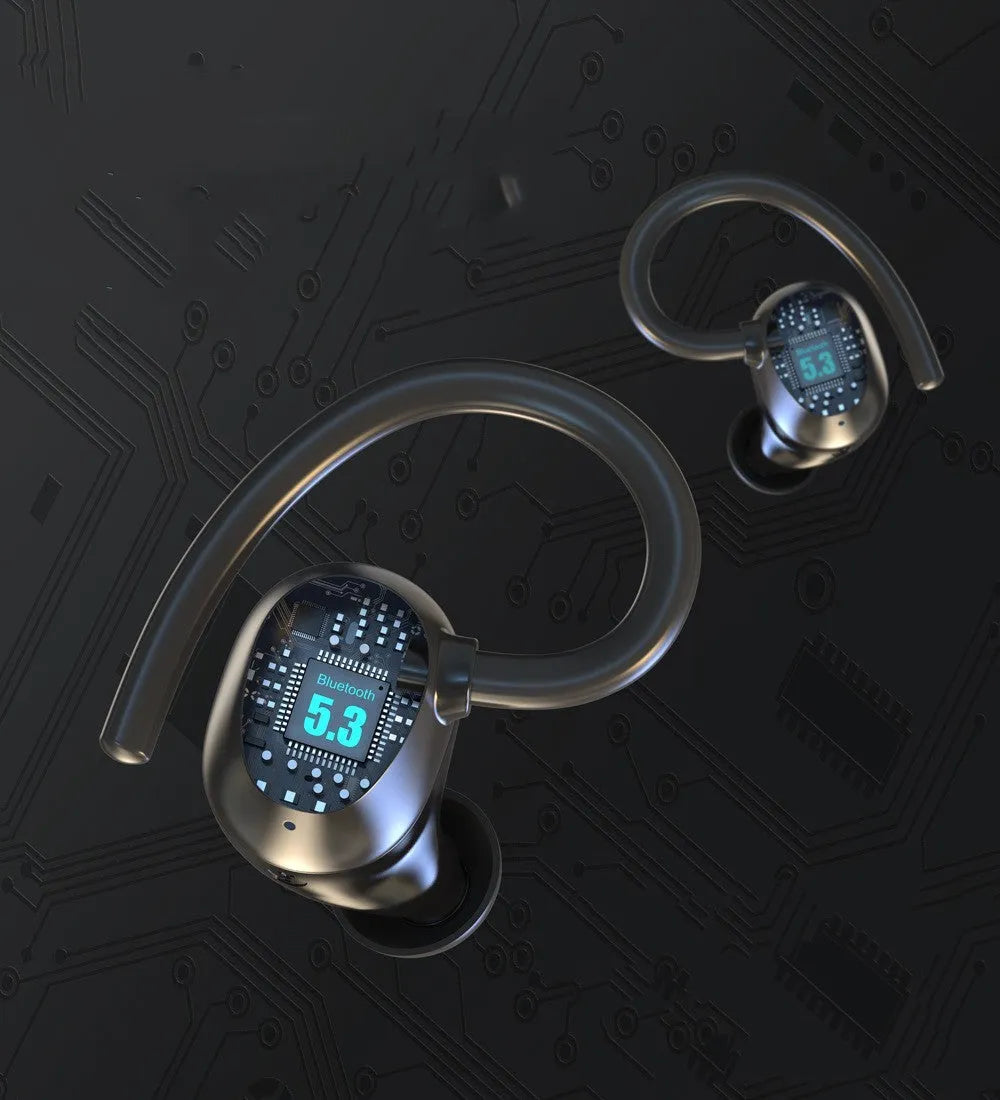 Sports waterproof headphones with digital display and breathing light in ear-hanging design