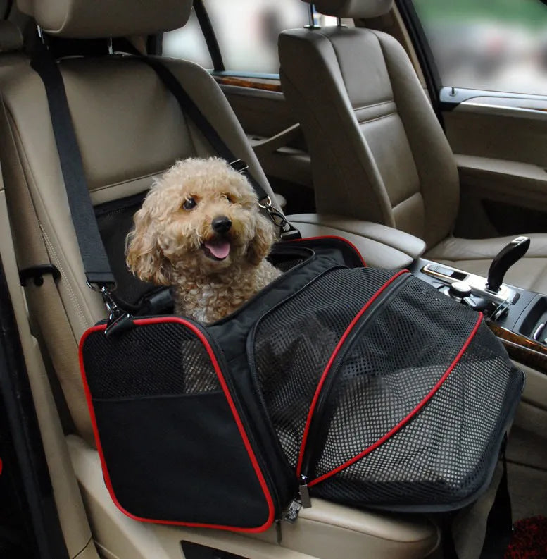 Pet trolley bag mesh carrier in black for small dogs and cats up to 7.5 kg, side view with wheels and handle