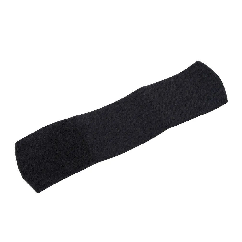 Red elastic rubber football shin guard tape belt laid flat, showing its length and width.