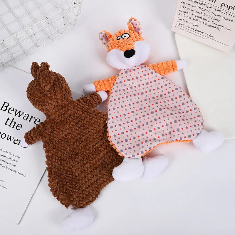 Brown, grey, or orange velvet plush pet toy shaped like a fox elephant with crinkly sound paper inside
