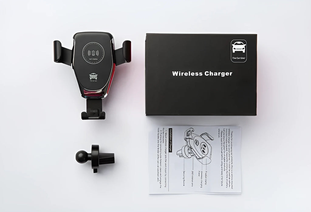 Black car wireless charger mounted on a dashboard, automatically holding an iPhone.