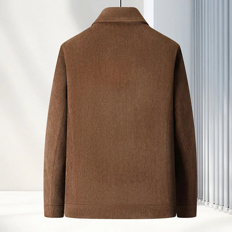 Men's slim fit casual jacket in dark blue, shown on a model, featuring a classic collar and no hood.