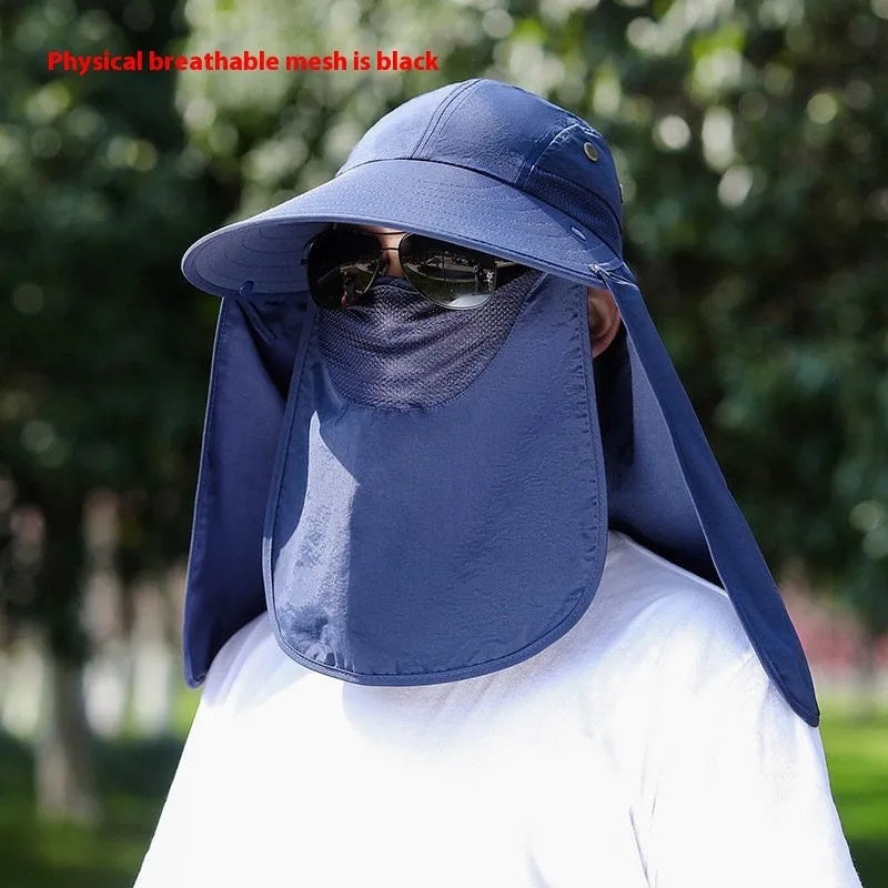 Man's khaki sun hat with wide brim, neck cover, and a visible USB fan module on the front.