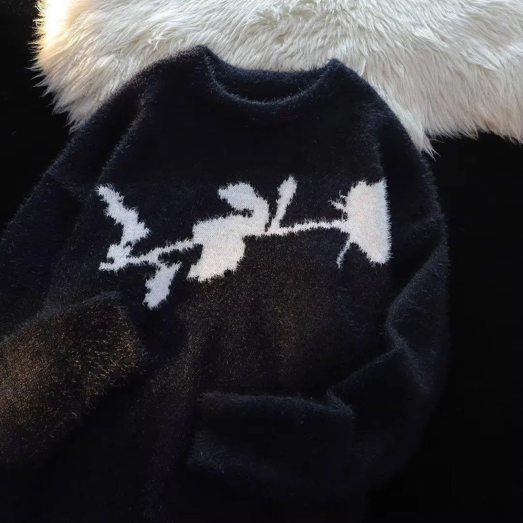 Men's dark rose flocking horse pattern pullover sweater in cotton-polyester fabric
