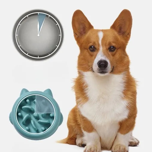 Pet slow feeder bowl in green with fun-shaped obstacles to slow eating and prevent gulping