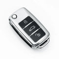 Volkswagen VW Model A folding car key inside a slim TPU protective case in blue, showing three-key capacity.