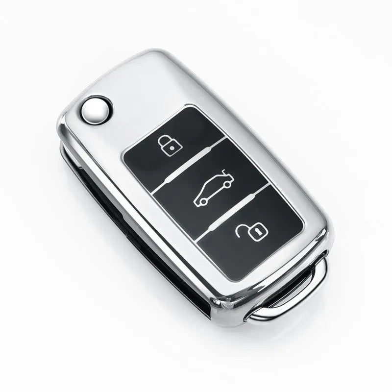 Volkswagen VW Model A folding car key inside a slim TPU protective case in blue, showing three-key capacity.
