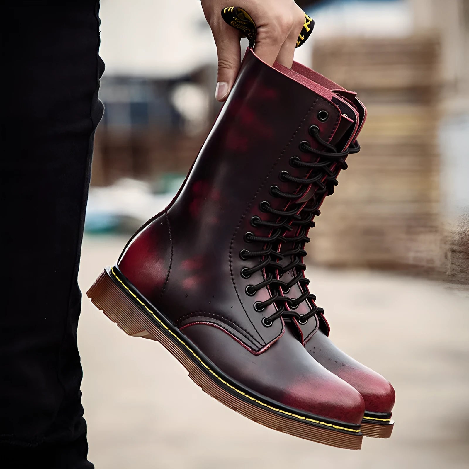 Men's black leather cotton lace-up shoes with high cylinder socks and round toe