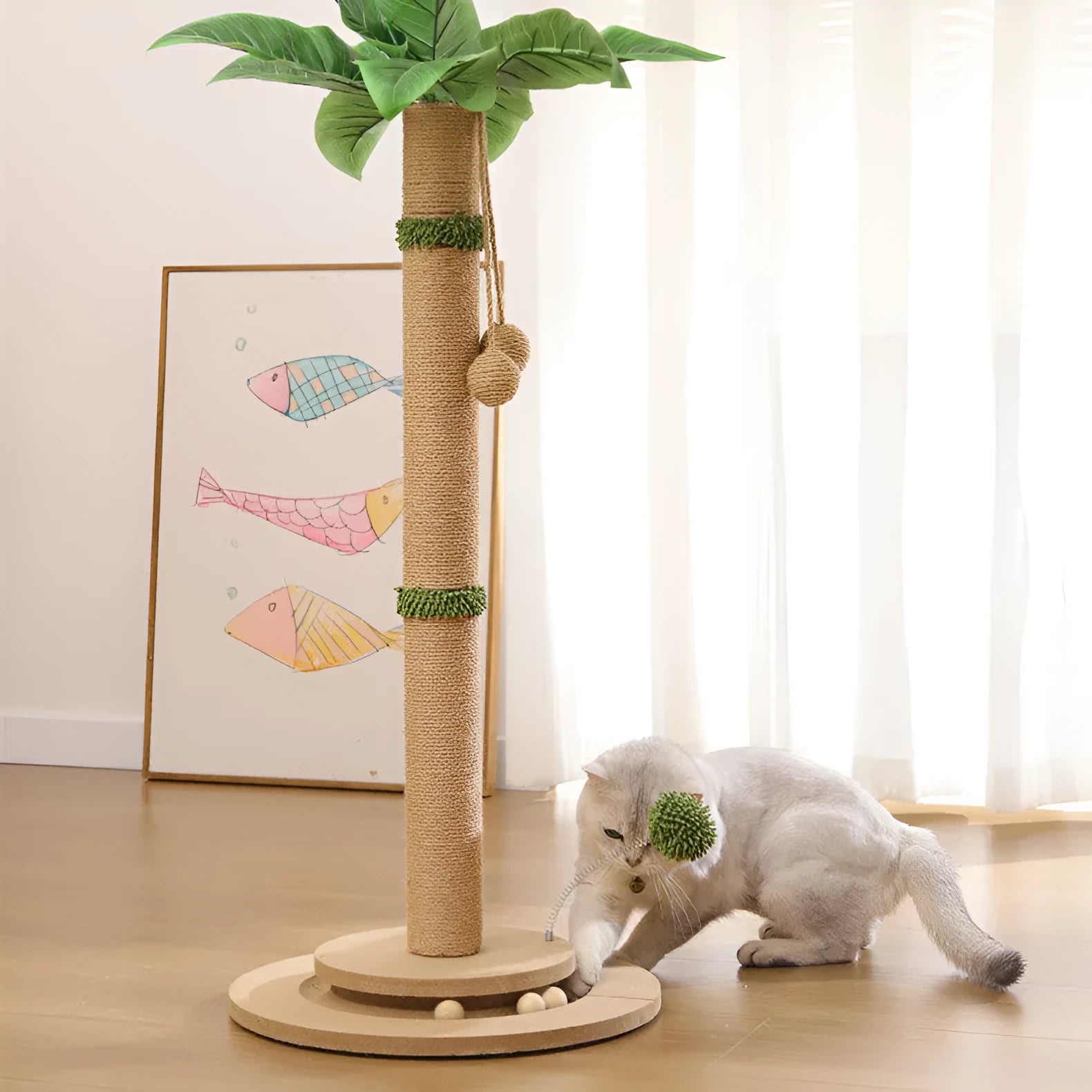Vertical cat climbing frame with beige hemp rope scratching posts and a wooden platform in a room corner