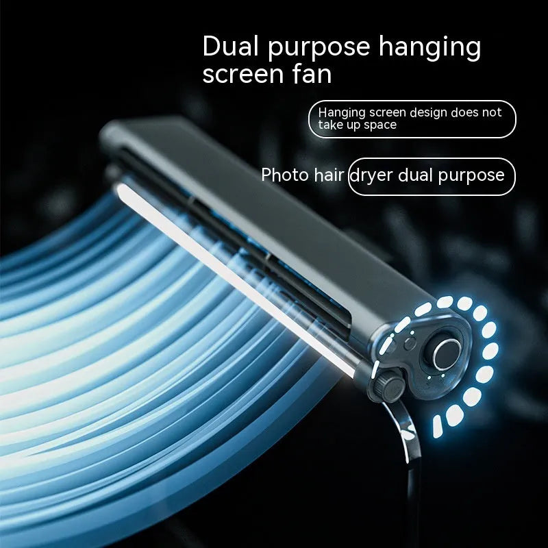Black USB-powered bladeless fan with a screen clamp and integrated eye-protection lamp for computer desks.