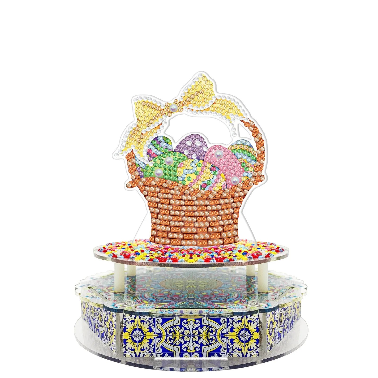 DIY diamond painting music box craft kit components including PVC plates, music movement, and LED string lights