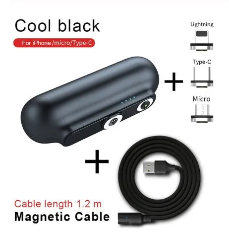 Black 2600mAh mini portable charger with magnetic cable and blue LED indicator on a white background