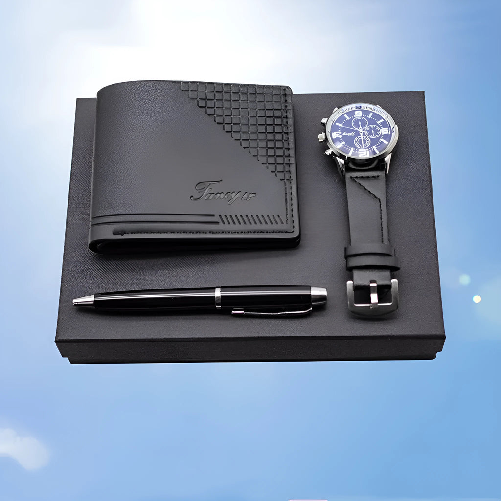 Creative holiday gift set showing wallet, pen, and watch in gift box with black or brown colour options