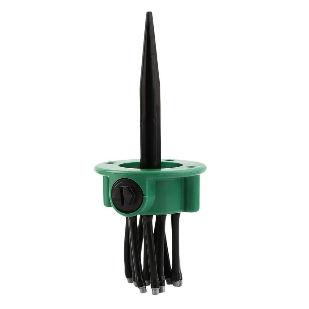Green adjustable lawn sprinkler with flexible spray noodles and 9cm diameter base