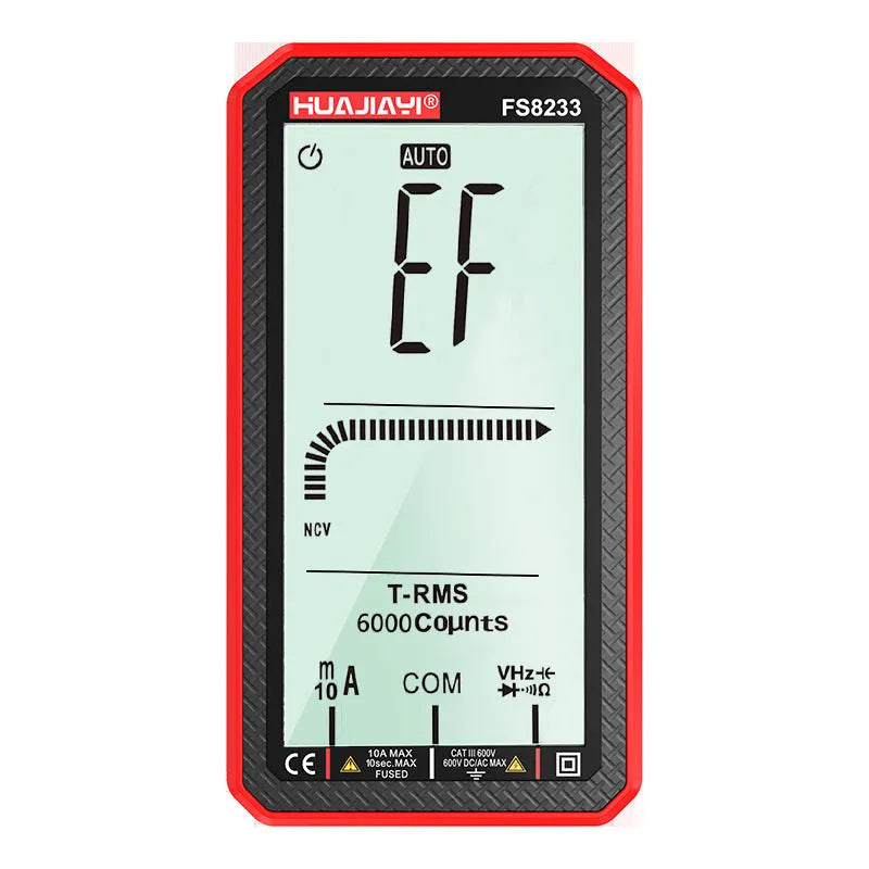 Handheld digital multimeter with large LCD screen showing measurement display