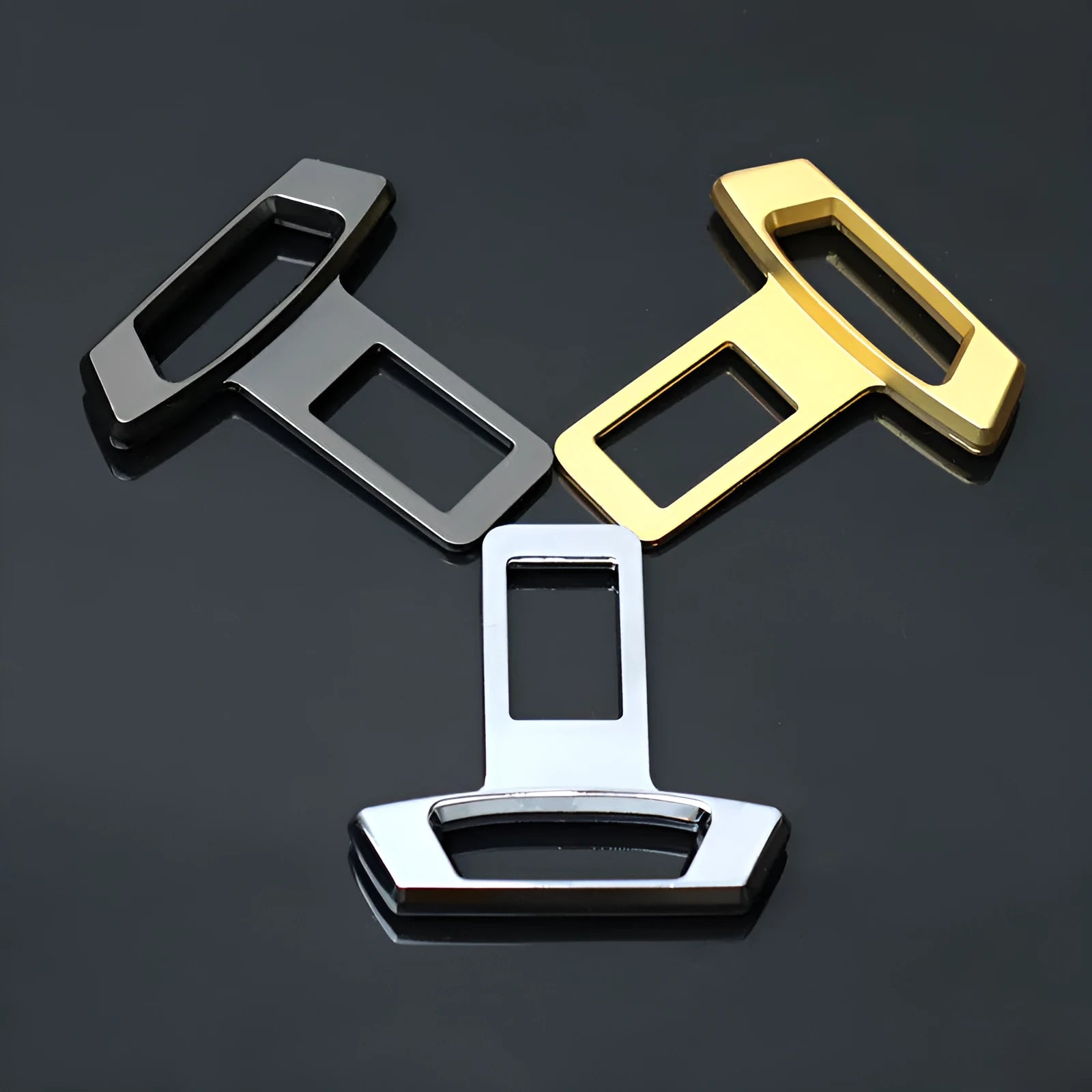 Metal car interior silencer insert shown in matte black, gold, and silver colour options.