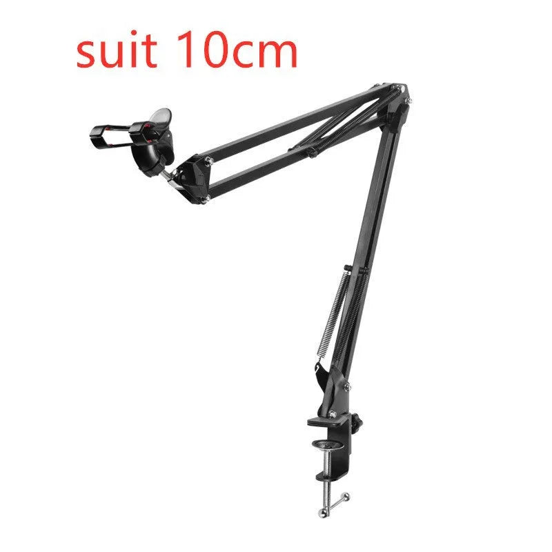 A black adjustable stand holding a mobile phone on a table.