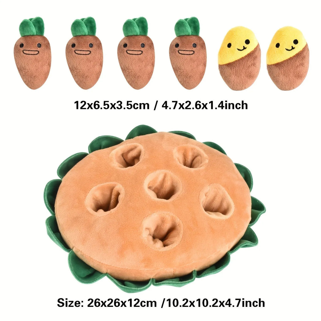 Yellow interactive dog puzzle toys with sniffing pads, feeding pads, and removable squeaky plush toys