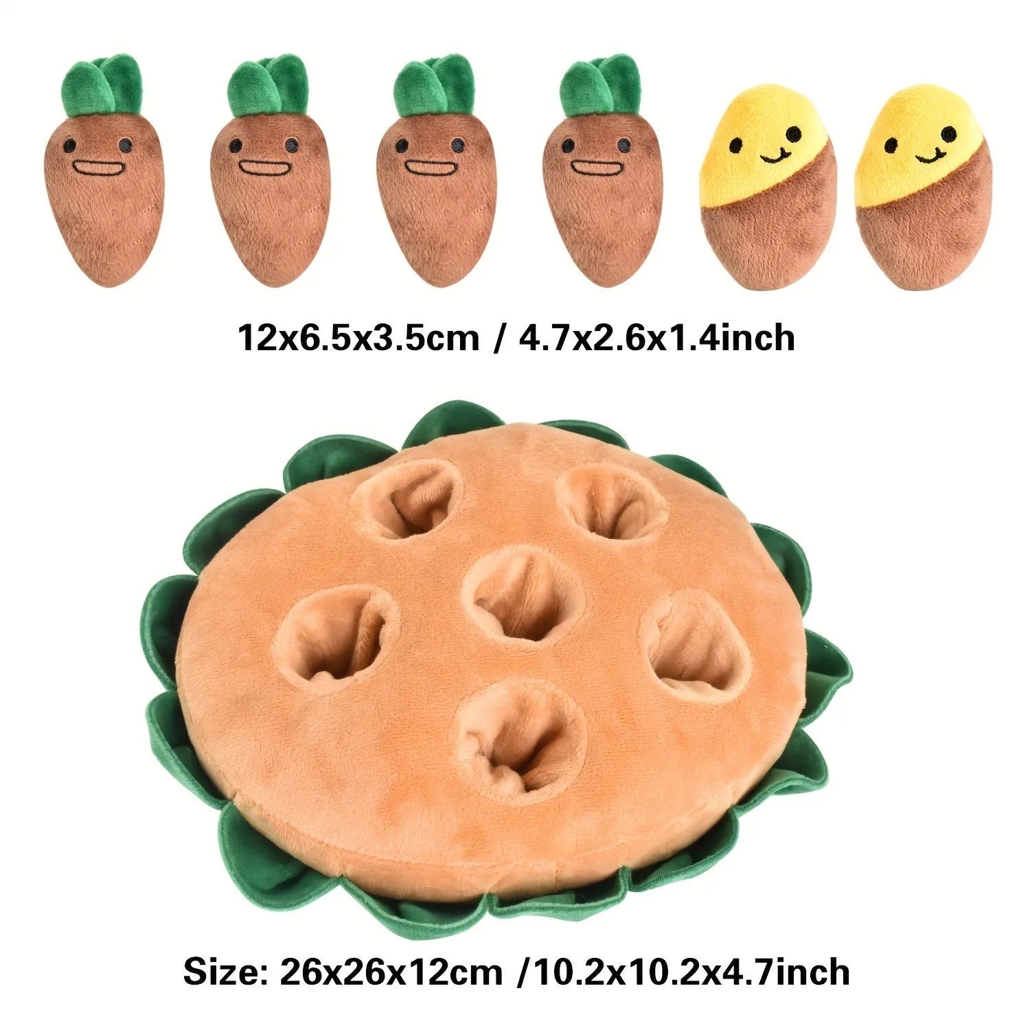 Yellow interactive dog puzzle toys with sniffing pads, feeding pads, and removable squeaky plush toys