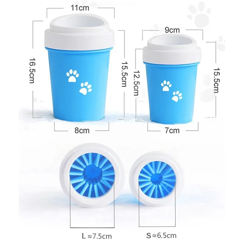 Dog foot washing cup in green, pink, and blue with silicone insert for paw cleaning