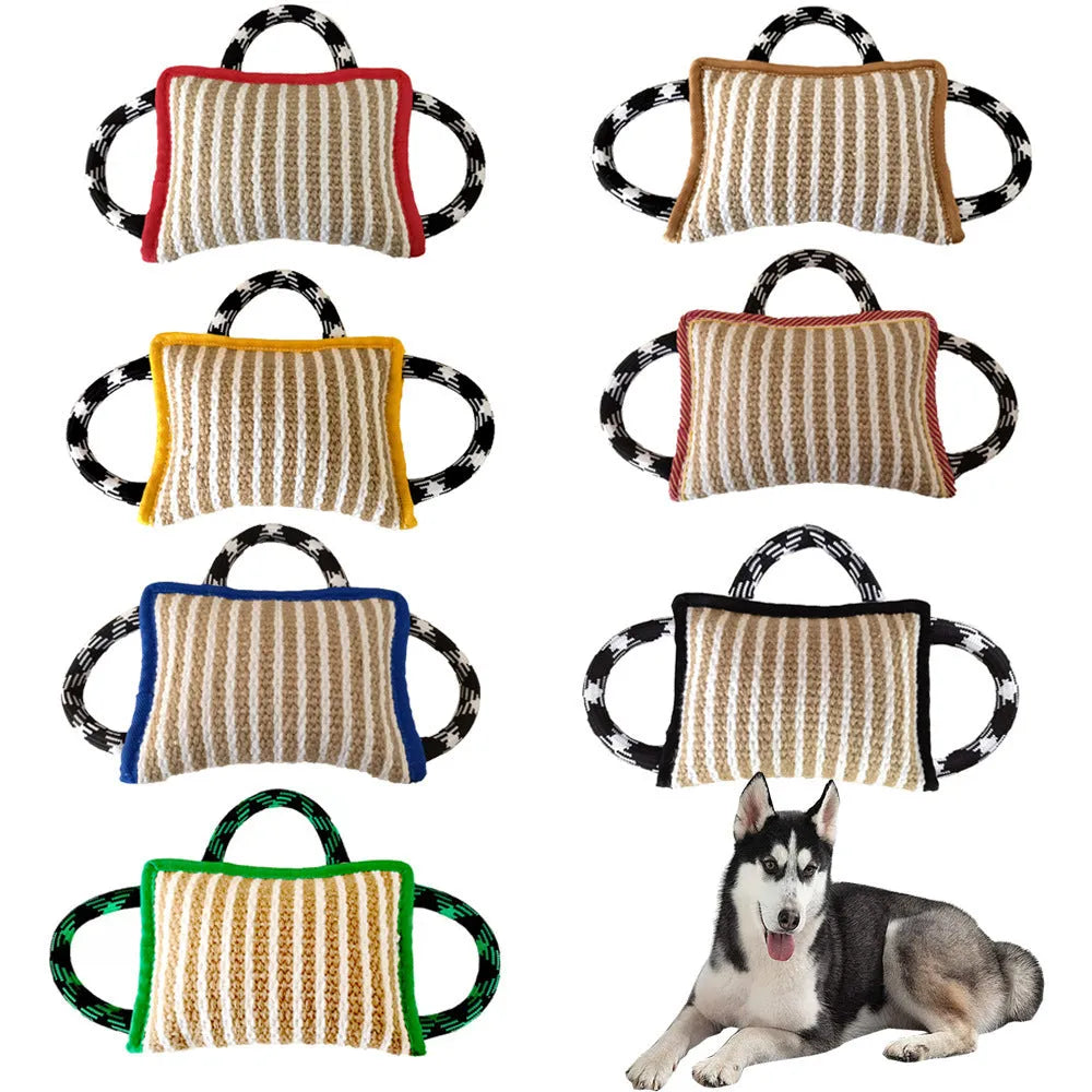 Dog rope tug toy with jute bite pillow and three handles in multiple colour options