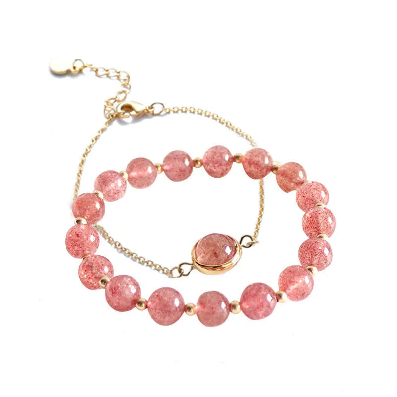 Women's double-layer bracelet with strawberry quartz crystals and lucky beads on gold electroplated copper